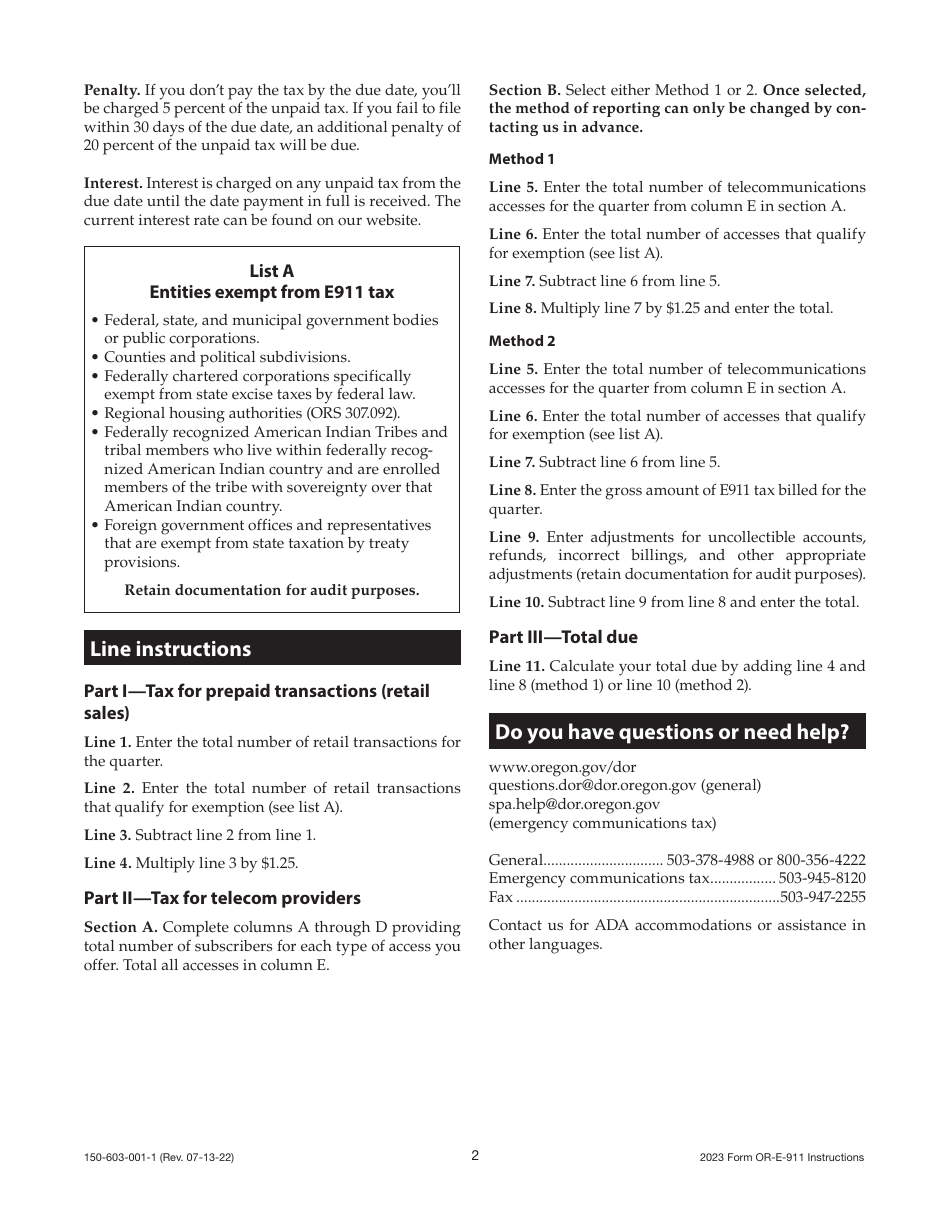 Instructions for Form OR-E-911, 150-603-001 Oregon Emergency Communications Tax (E911) Quarterly Return - Oregon, Page 2