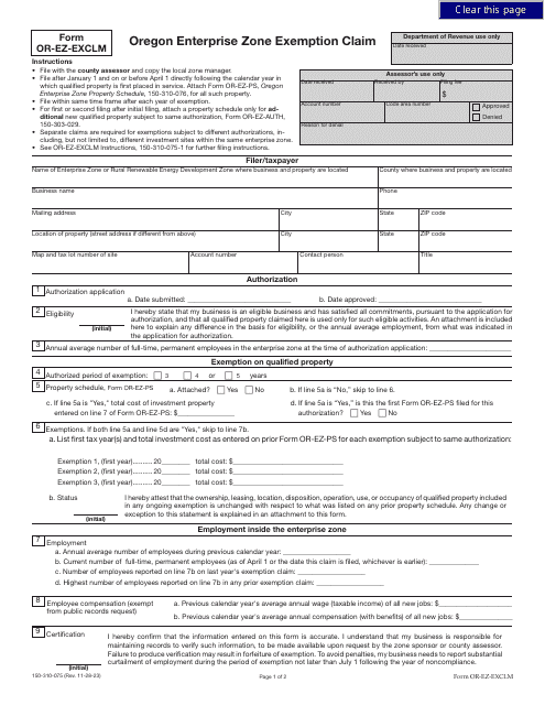 Form OR-EZ-EXCLM (150-310-075)  Printable Pdf