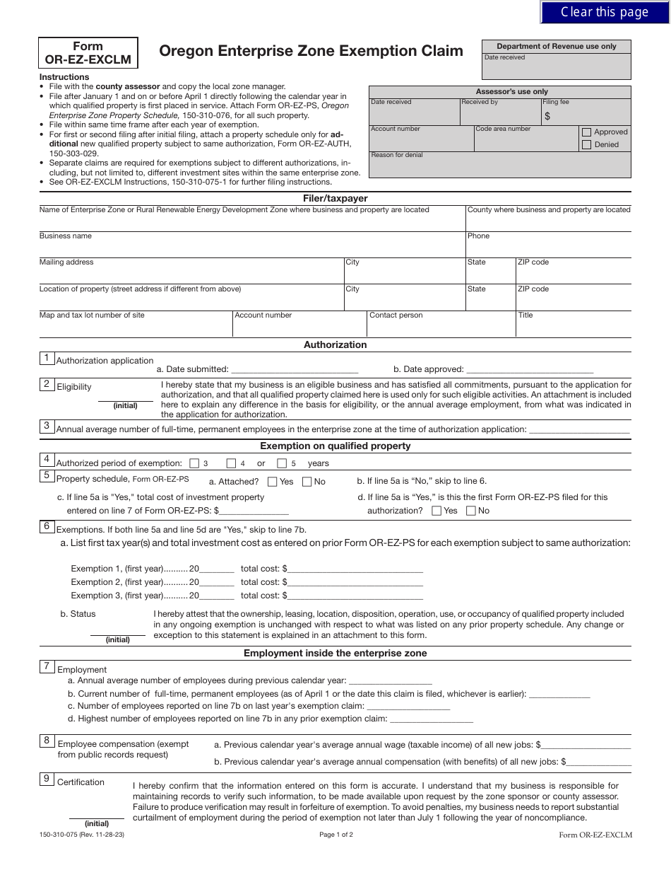Form OR-EZ-EXCLM (150-310-075) Oregon Enterprise Zone Exemption Claim - Oregon, Page 1
