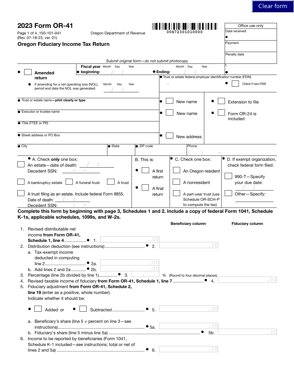 Form OR-41 (150-101-041) Oregon Fiduciary Income Tax Return - Oregon, Page 1