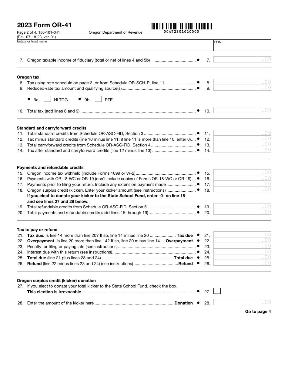 Form OR-41 (150-101-041) Oregon Fiduciary Income Tax Return - Oregon, Page 2