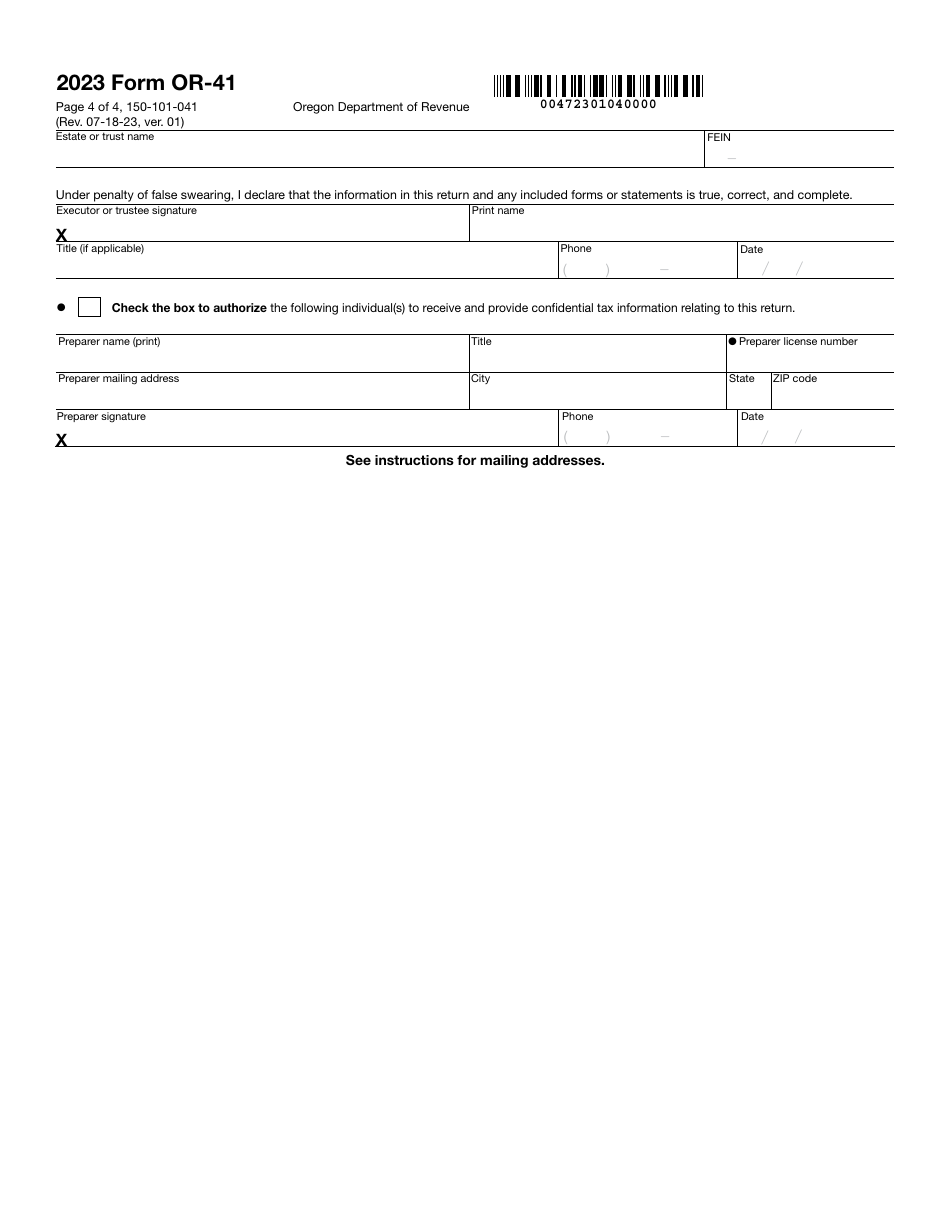 Form OR-41 (150-101-041) Oregon Fiduciary Income Tax Return - Oregon, Page 4