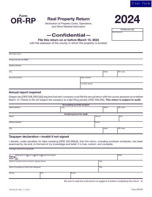 Form OR-RP (150-301-031) Real Property Return - Oregon, 2024