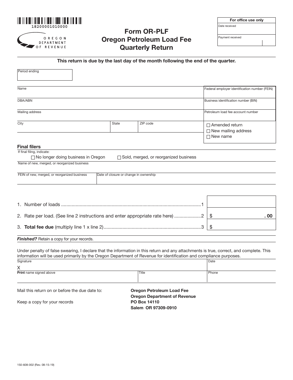 Form OR-PLF (150-608-002) Oregon Petroleum Load Fee Quarterly Return - Oregon, Page 1