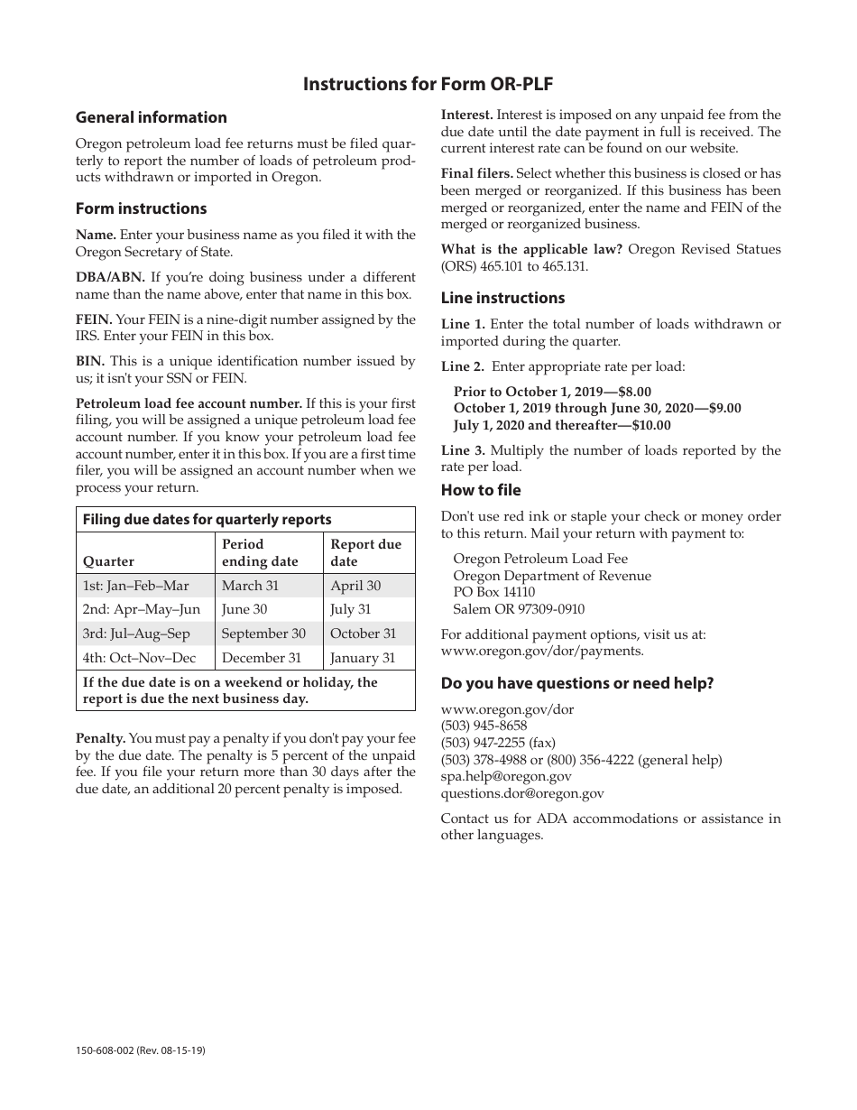 Form OR-PLF (150-608-002) Oregon Petroleum Load Fee Quarterly Return - Oregon, Page 2
