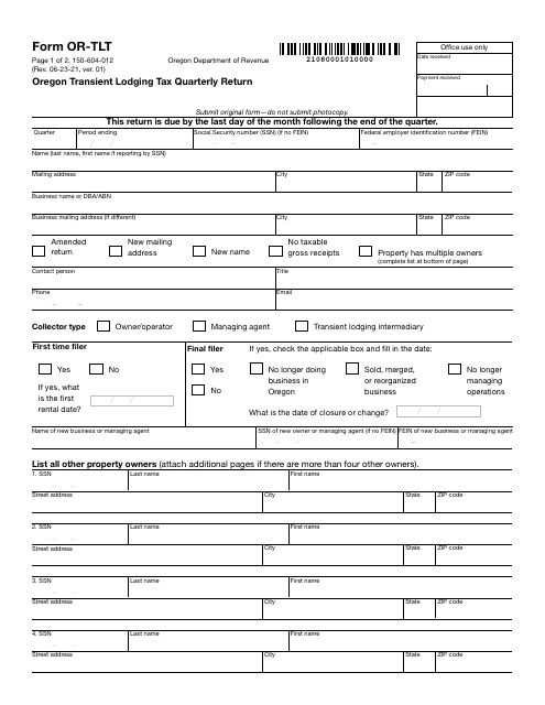 Form OR-TLT (150-604-012)  Printable Pdf