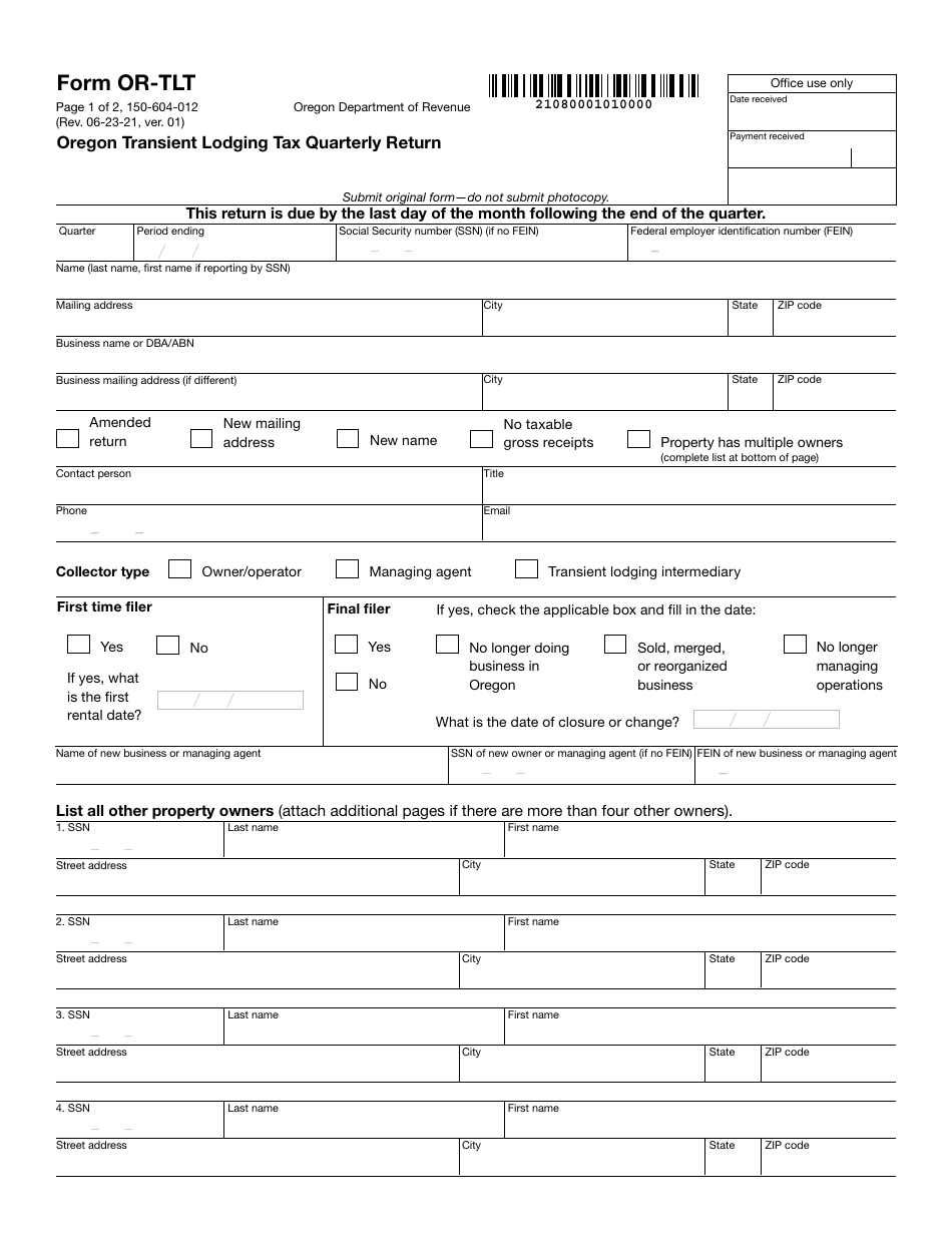 Form OR-TLT (150-604-012) Oregon Transient Lodging Tax Quarterly Return - Oregon, Page 1
