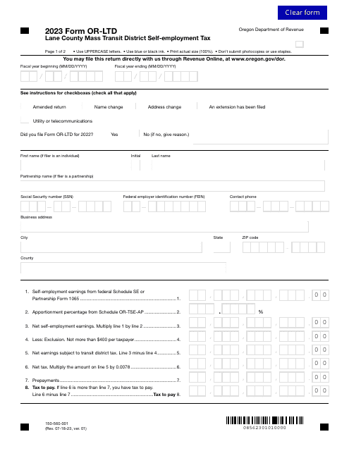 Form OR-LTD (150-560-001) Lane County Mass Transit District Self-employment Tax - Oregon, 2023