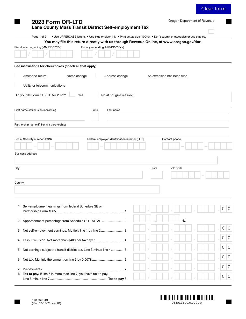 Form OR-LTD (150-560-001) Lane County Mass Transit District Self-employment Tax - Oregon, Page 1