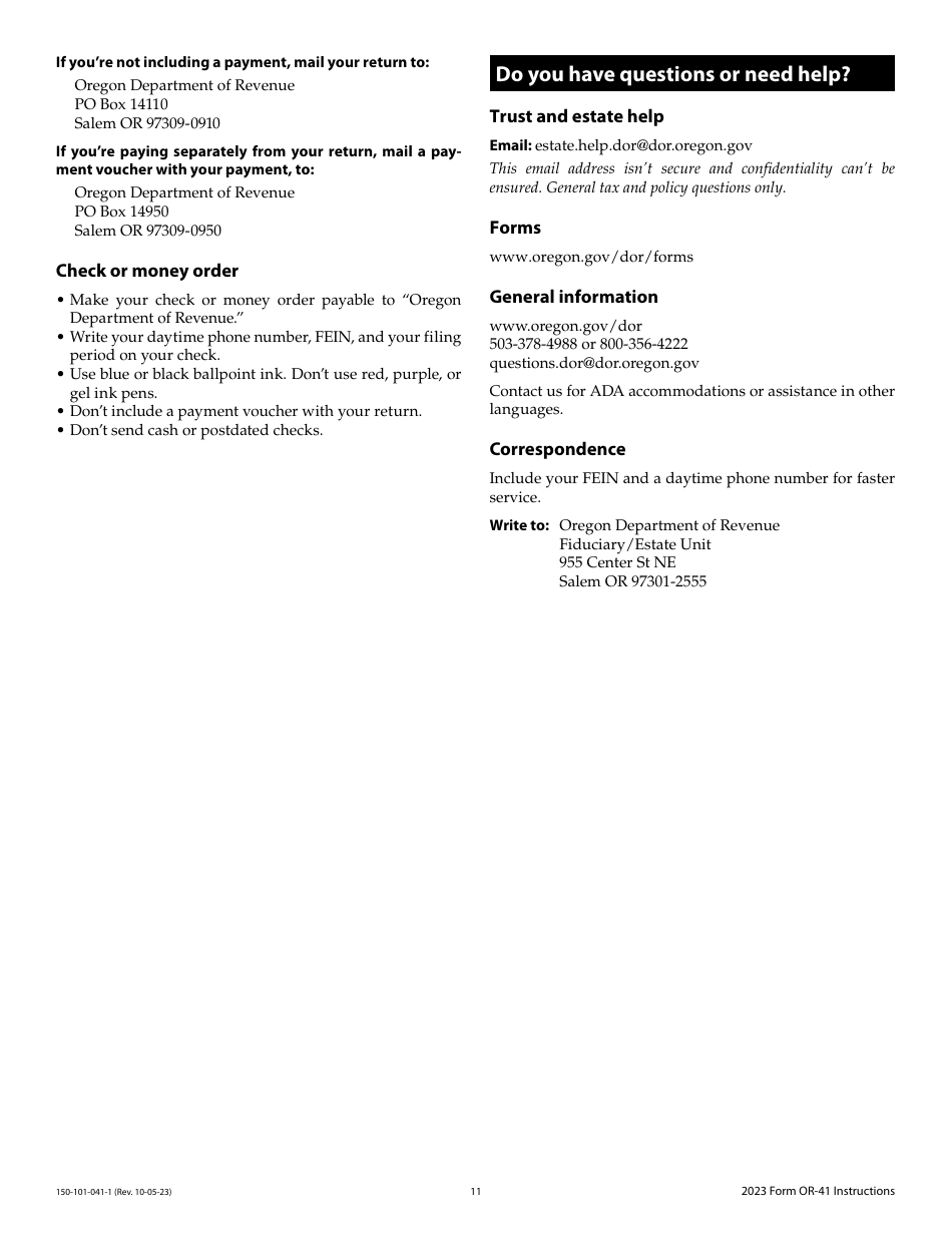 Instructions for Form OR-41, 150-101-041 Oregon Fiduciary Income Tax Return - Oregon, Page 11