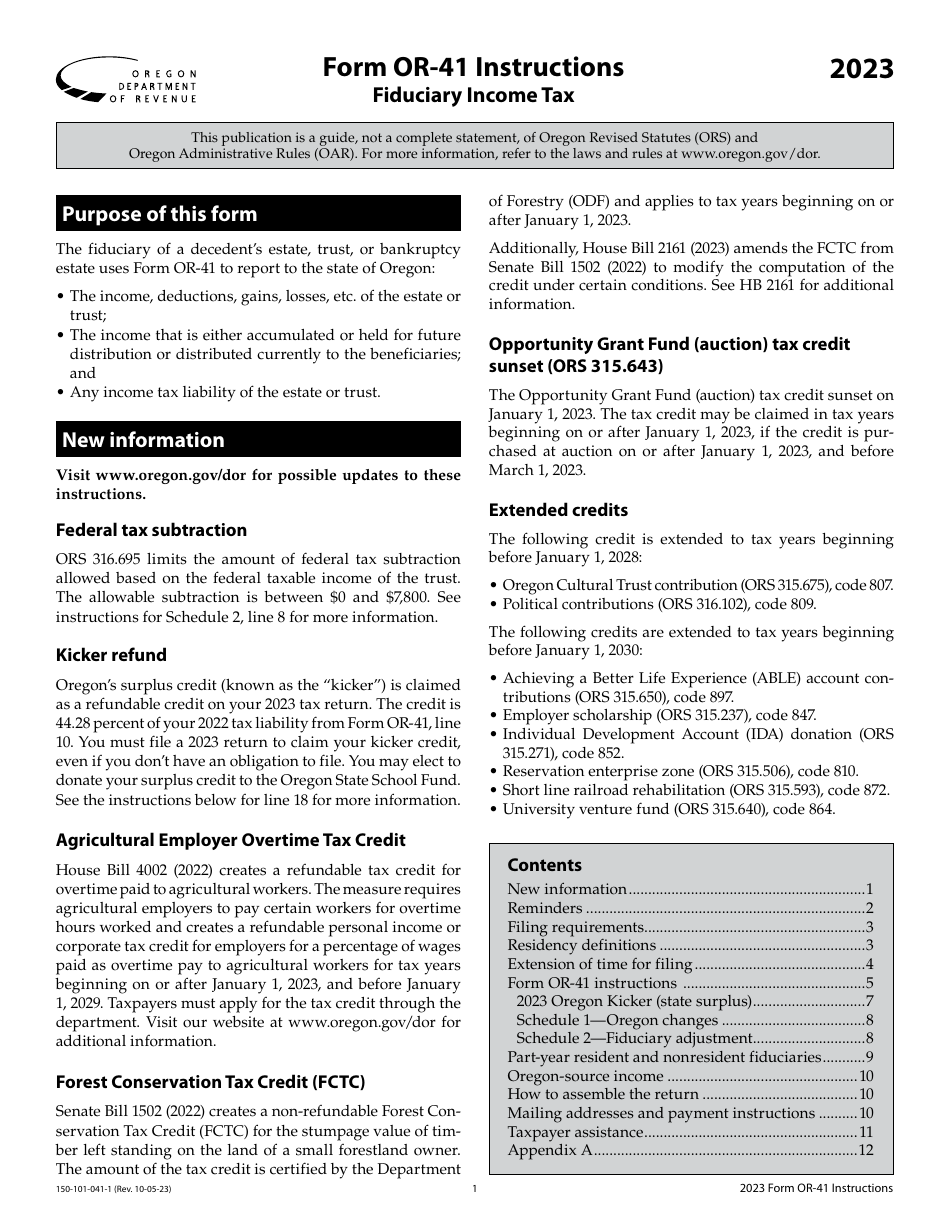 Instructions for Form OR-41, 150-101-041 Oregon Fiduciary Income Tax Return - Oregon, Page 1