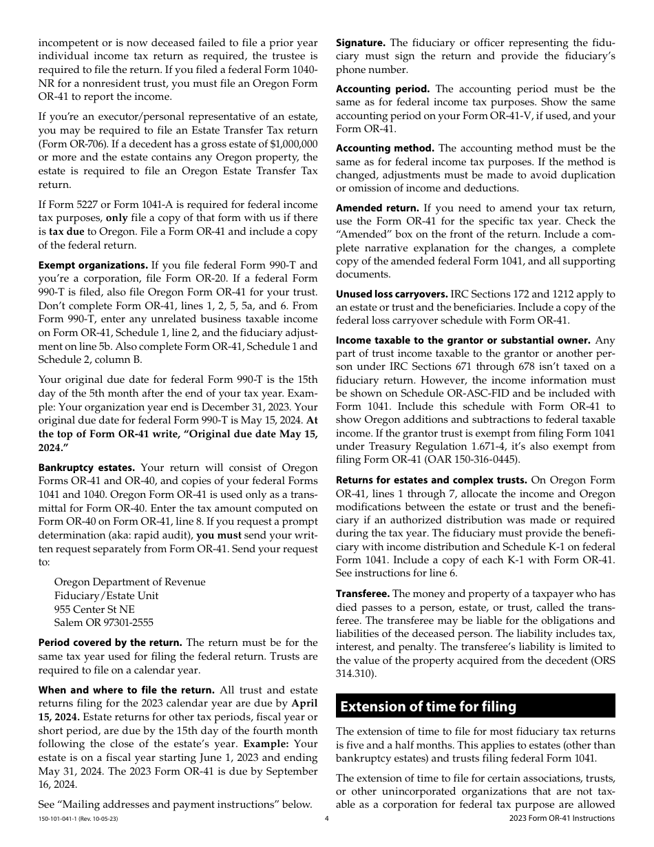 Instructions for Form OR-41, 150-101-041 Oregon Fiduciary Income Tax Return - Oregon, Page 4