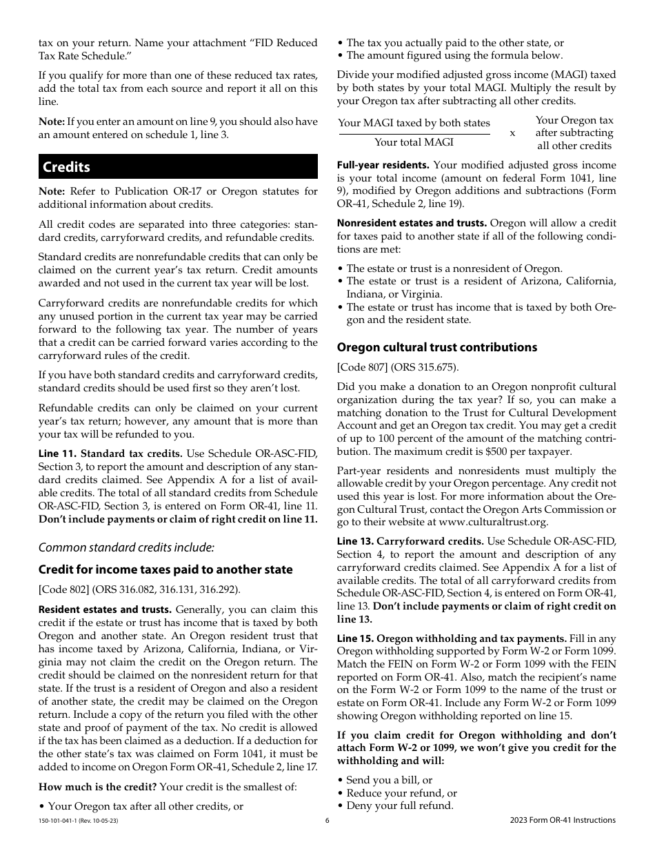 Instructions for Form OR-41, 150-101-041 Oregon Fiduciary Income Tax Return - Oregon, Page 6