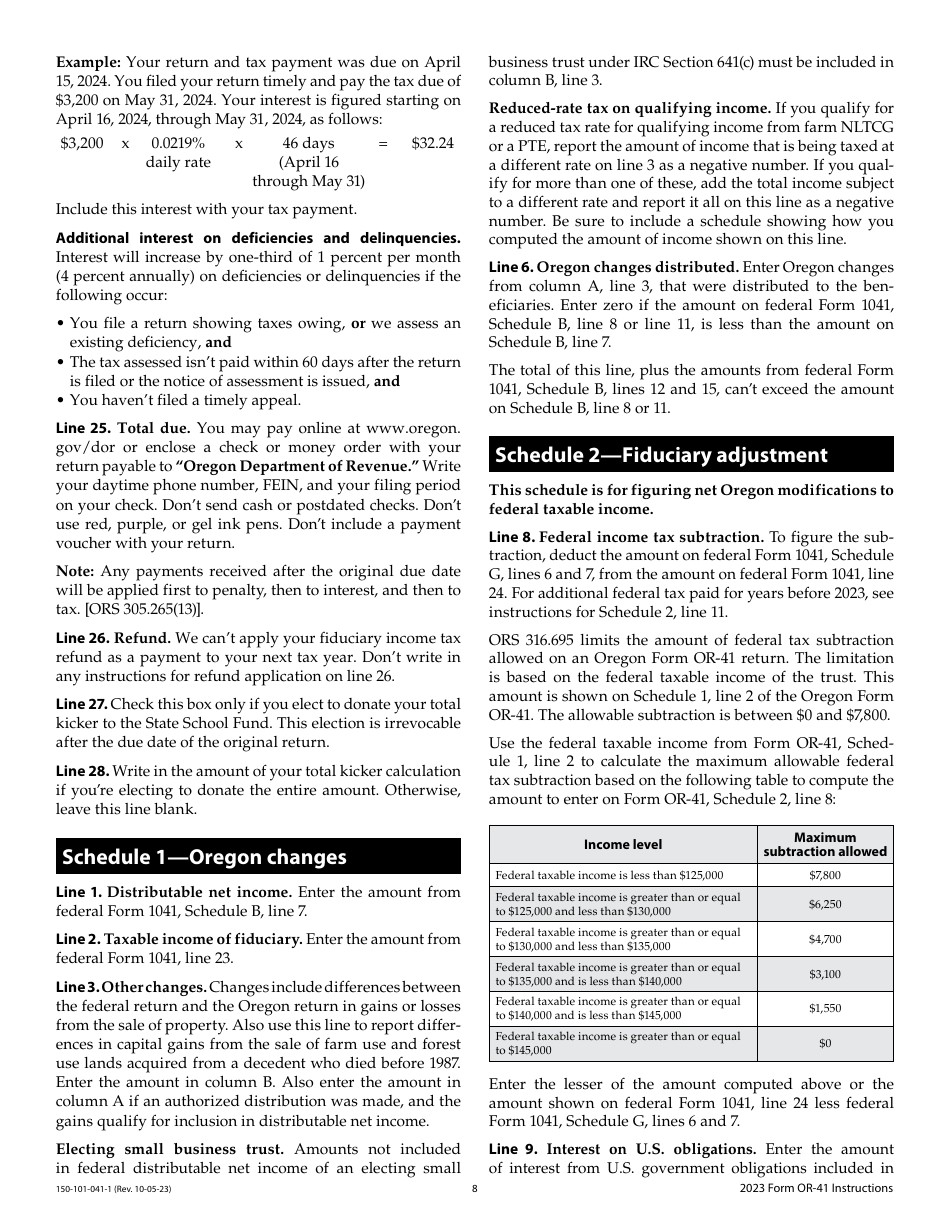 Instructions for Form OR-41, 150-101-041 Oregon Fiduciary Income Tax Return - Oregon, Page 8
