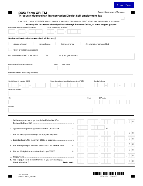 Form OR-TM (150-555-001) Tri-County Metropolitan Transportation District Self-employment Tax - Oregon, 2023