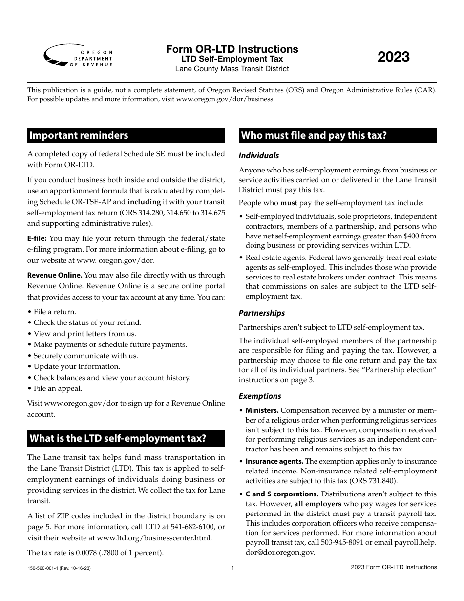 Instructions for Form OR-LTD, 150-560-001 Lane County Mass Transit District Self-employment Tax - Oregon, Page 1