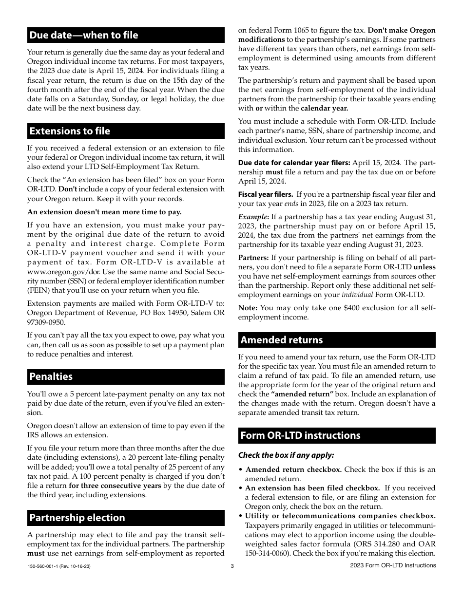 Instructions for Form OR-LTD, 150-560-001 Lane County Mass Transit District Self-employment Tax - Oregon, Page 3