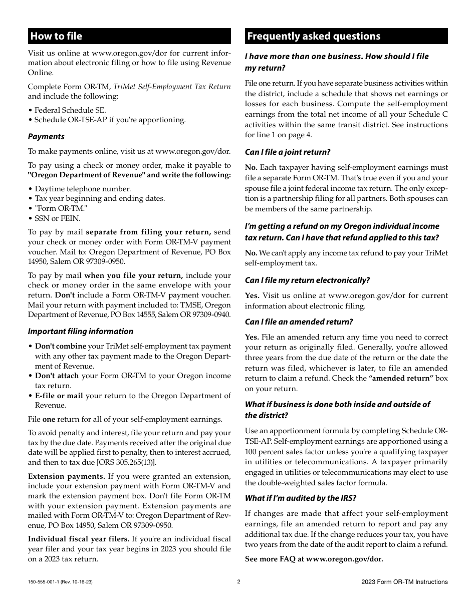 Instructions for Form OR-TM, 150-555-001 Tri-County Metropolitan Transportation District Self-employment Tax - Oregon, Page 2