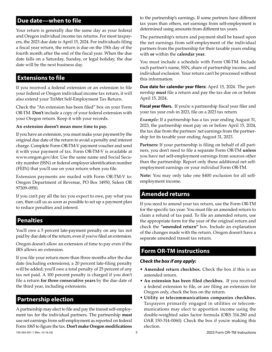Instructions for Form OR-TM, 150-555-001 Tri-County Metropolitan Transportation District Self-employment Tax - Oregon, Page 3