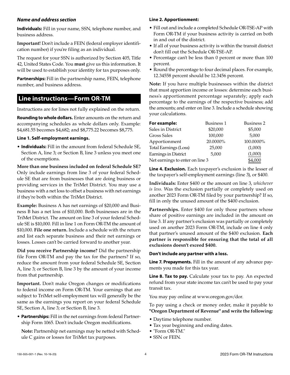 Instructions for Form OR-TM, 150-555-001 Tri-County Metropolitan Transportation District Self-employment Tax - Oregon, Page 4
