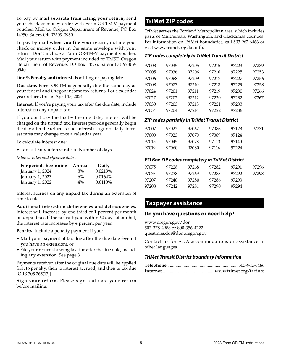 Instructions for Form OR-TM, 150-555-001 Tri-County Metropolitan Transportation District Self-employment Tax - Oregon, Page 5
