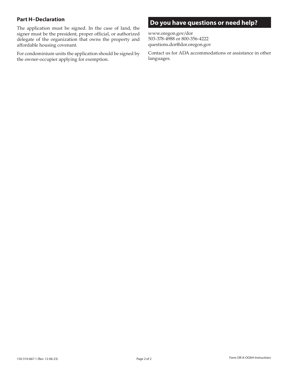 Instructions for Form OR-A-OOAH, 150-310-667 Application for Property Tax Exemption - Oregon, Page 2