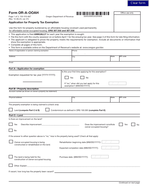 Form OR-A-OOAH (150-310-667) Application for Property Tax Exemption - Oregon
