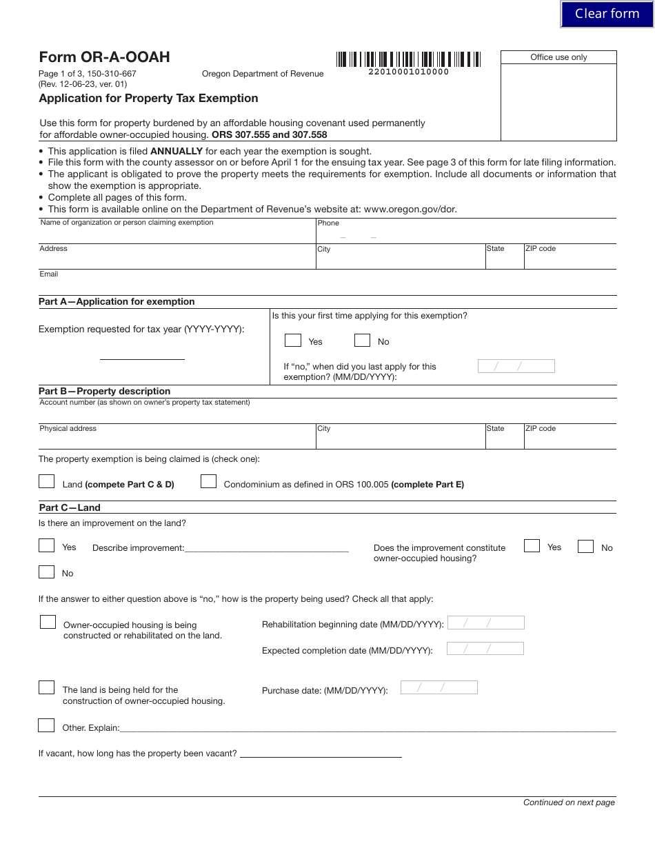 Form OR-A-OOAH (150-310-667) Application for Property Tax Exemption - Oregon, Page 1