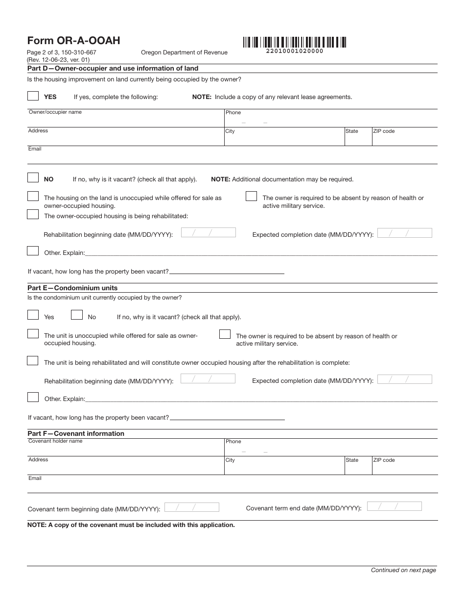 Form OR-A-OOAH (150-310-667) Application for Property Tax Exemption - Oregon, Page 2