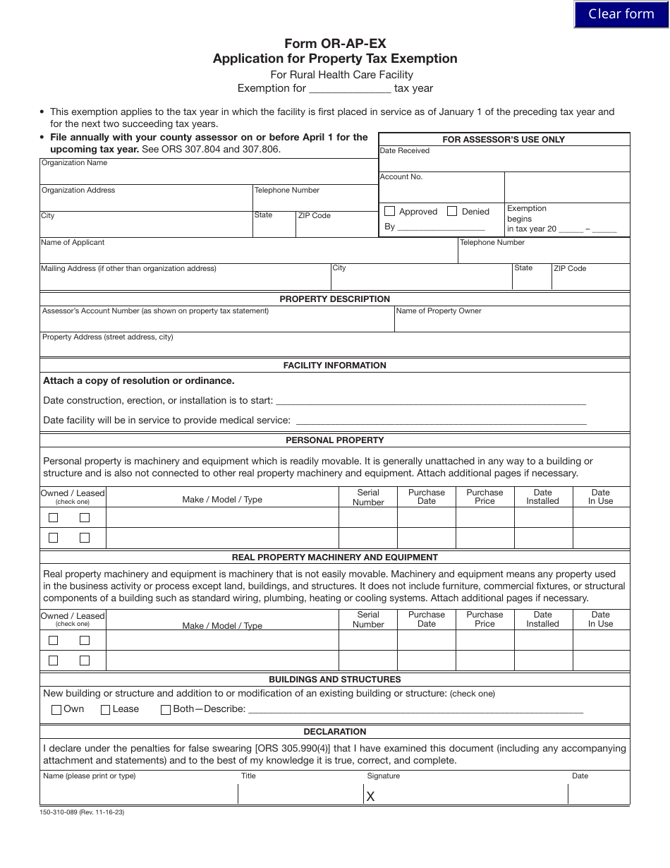 Form OR-AP-EX (150-310-089) Application for Property Tax Exemption - Oregon, Page 1