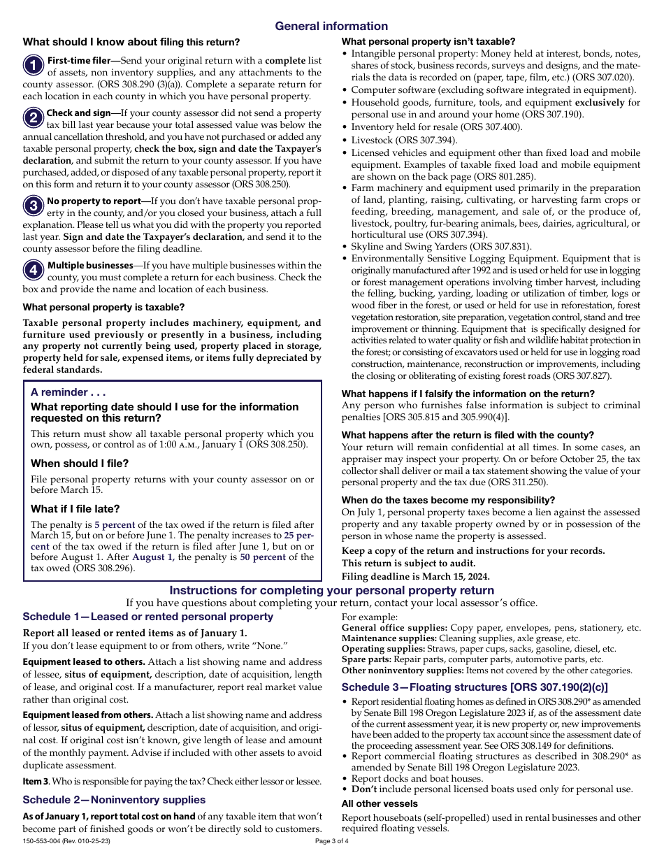 Form OR-CPPR (150-553-004) Confidential Personal Property Return - Oregon, Page 3