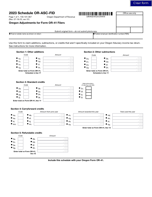 Form 150-101-067 Schedule OR-ASC-FID Oregon Adjustments for Form or-41 Filers - Oregon, 2023