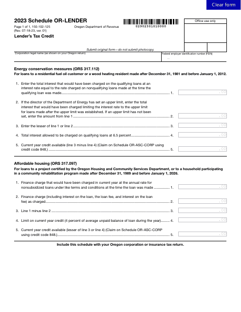 Form 150-102-125 Schedule OR-LENDER Lender's Tax Credit - Oregon, 2023