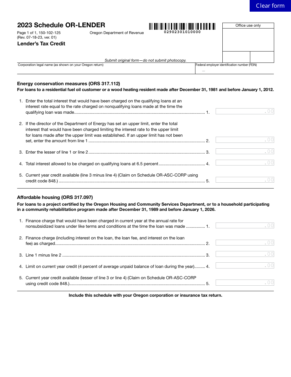 Form 150-102-125 Schedule OR-LENDER Lenders Tax Credit - Oregon, Page 1