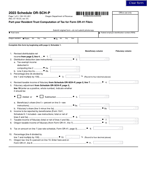 Form 150-101-051 Schedule OR-SCH-P Part-Year Resident Trust Computation of Tax for Form or-41 Filers - Oregon, 2023