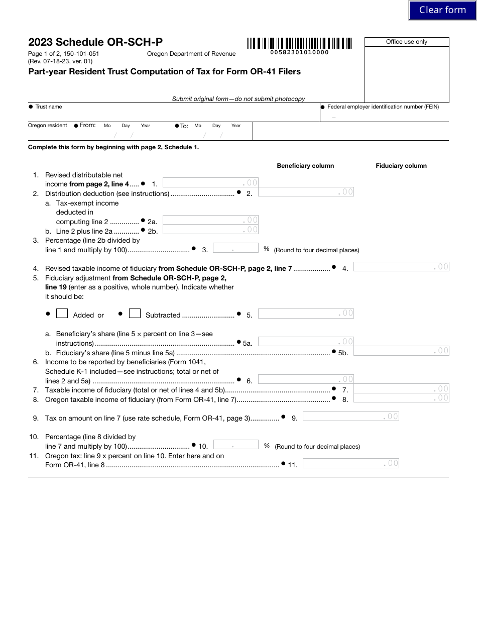 Form 150-101-051 Schedule OR-SCH-P Part-Year Resident Trust Computation of Tax for Form or-41 Filers - Oregon, Page 1