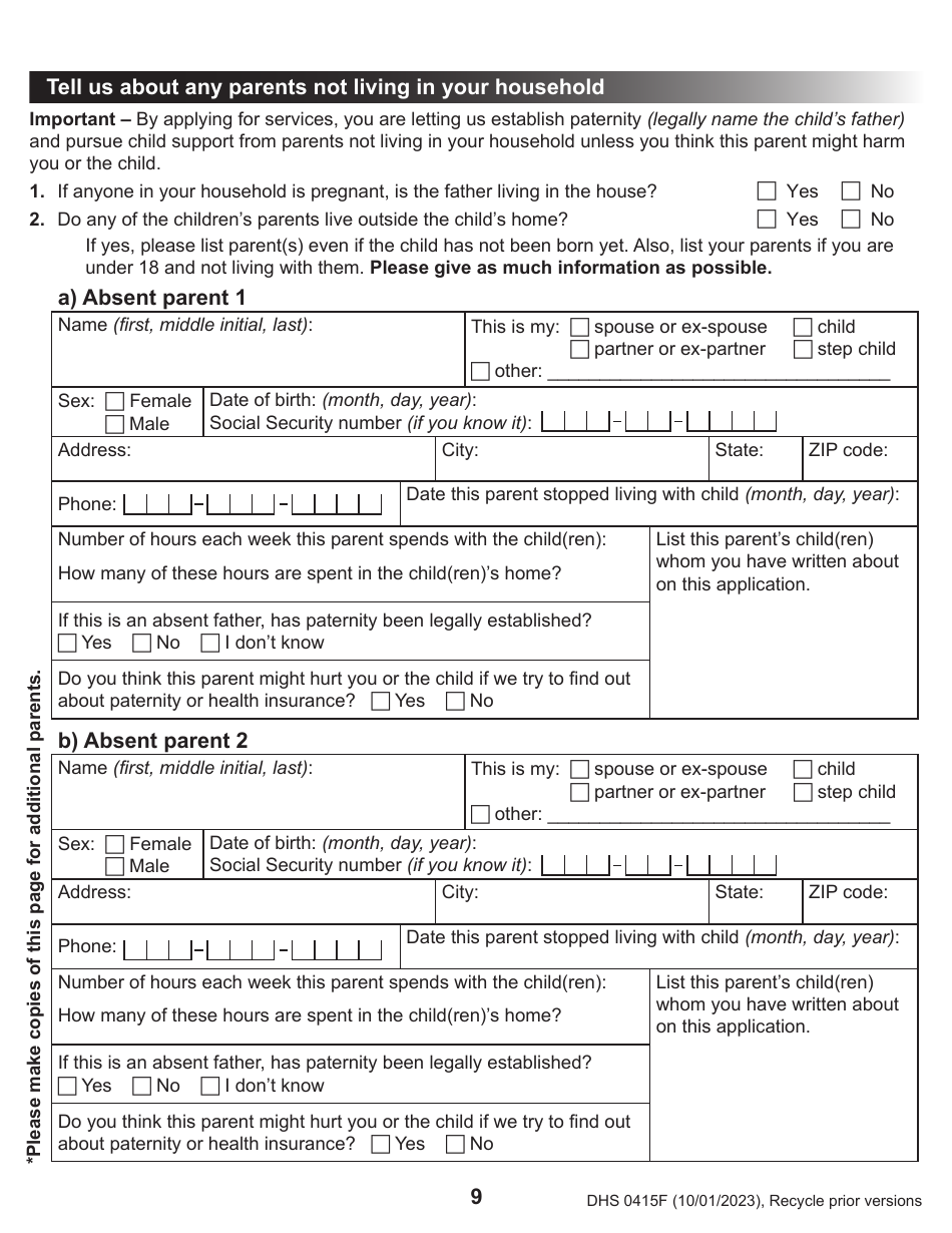 Form DHS0415F Application for Services - Oregon, Page 13