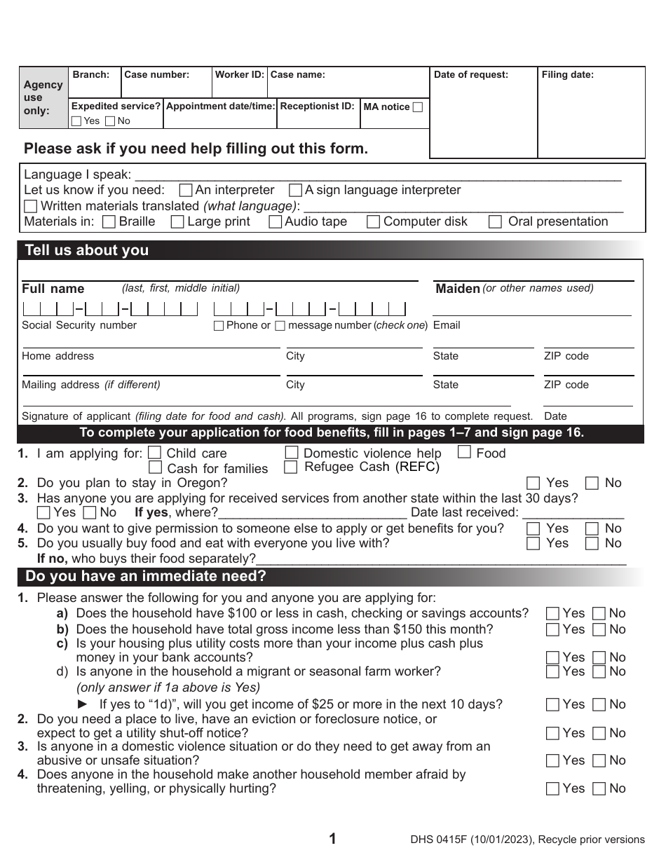 Form DHS0415F Application for Services - Oregon, Page 3