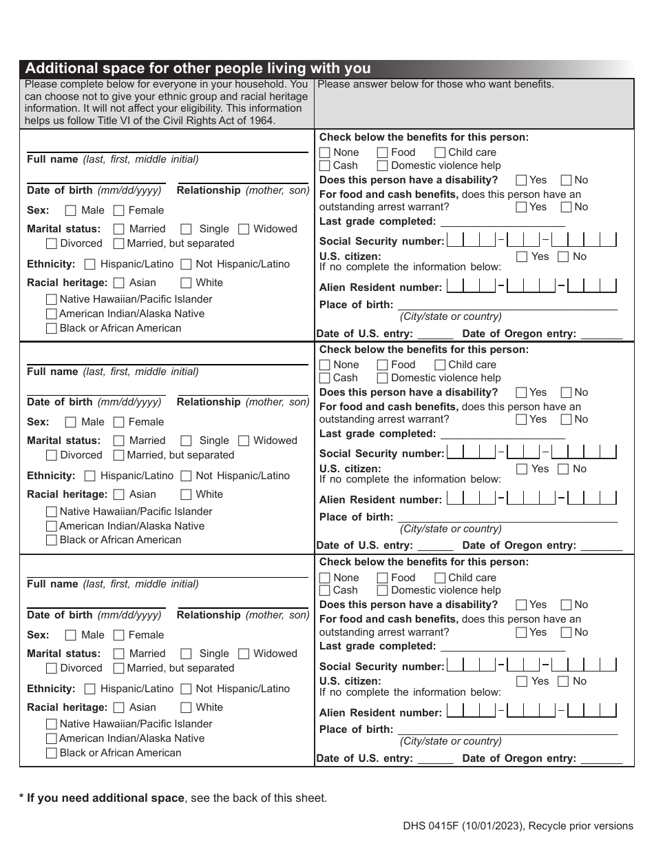 Form DHS0415F Application for Services - Oregon, Page 5
