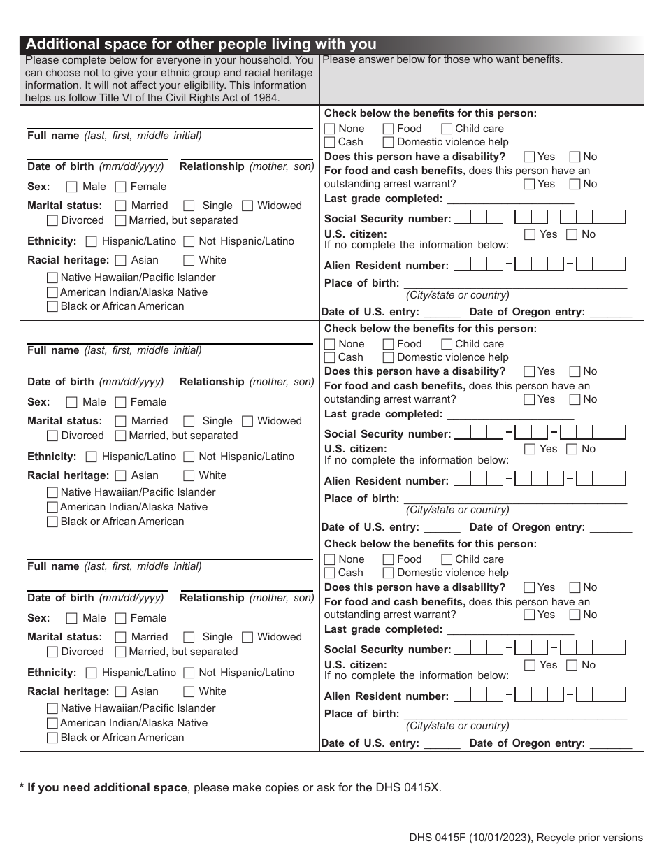 Form DHS0415F Application for Services - Oregon, Page 6