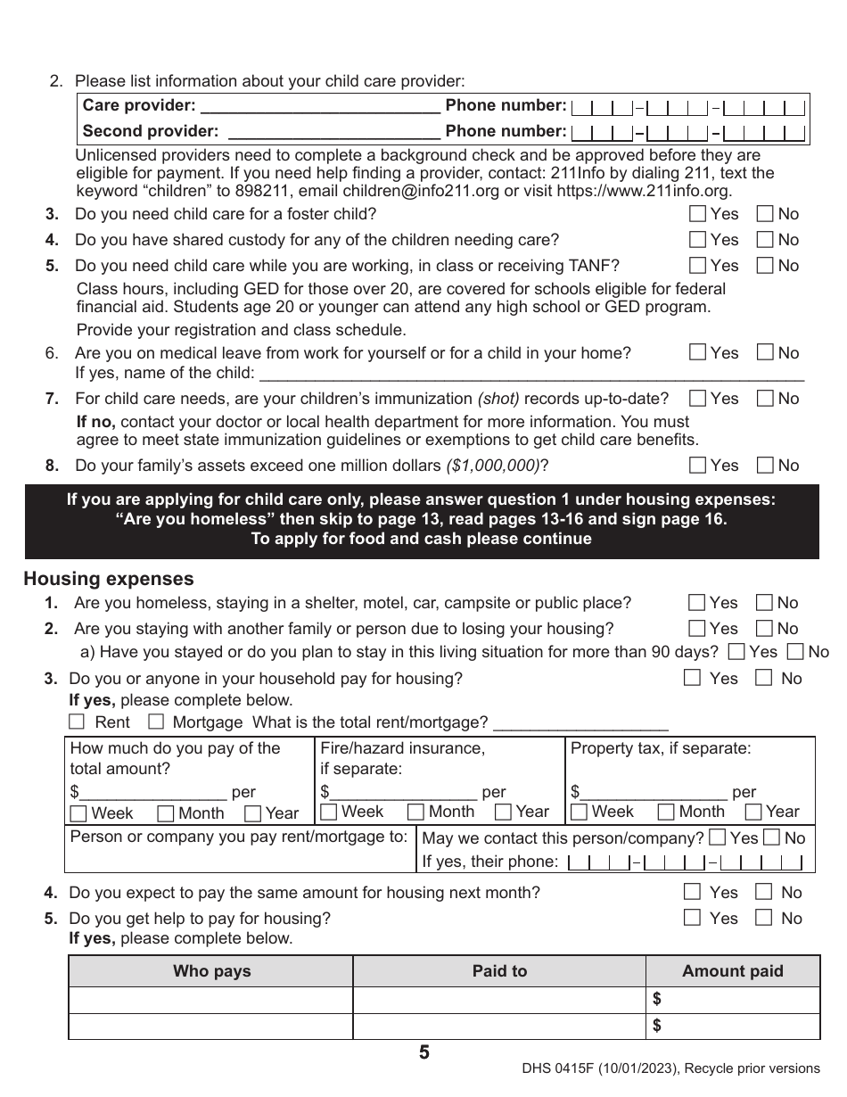 Form DHS0415F Application for Services - Oregon, Page 9