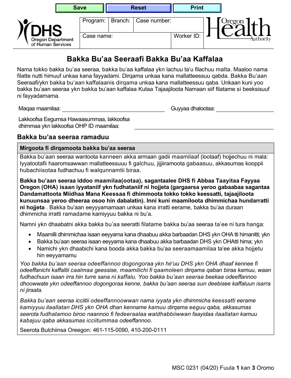 Form MSC0231 Fill Out, Sign Online and Download Fillable PDF, Oregon