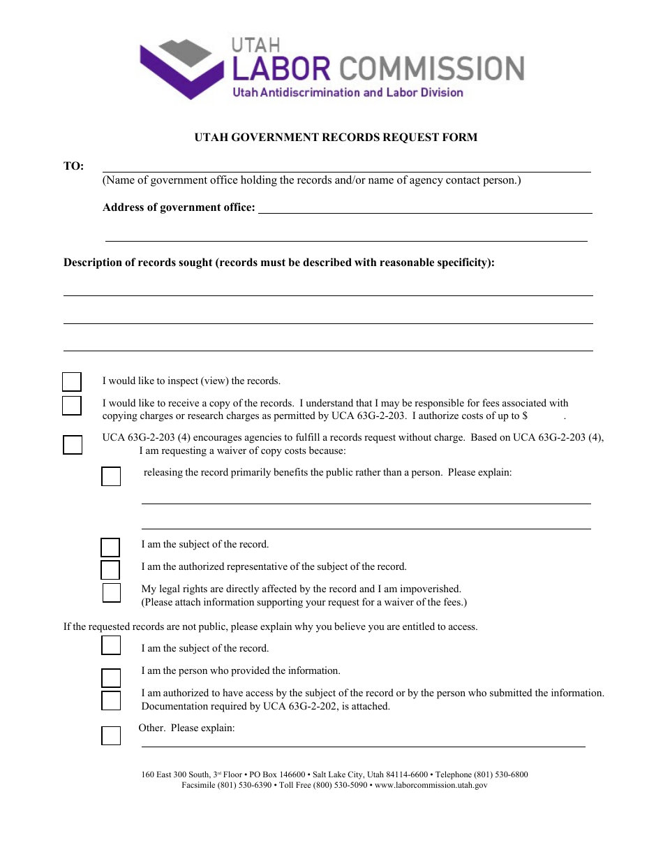 Utah Government Records Request Form - Utah, Page 1