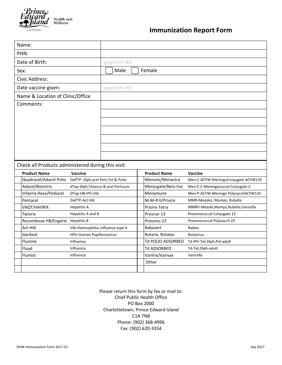Immunization Report Form - Prince Edward Island, Canada, Page 1