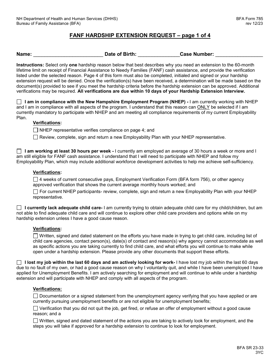 BFA Form 785 Fanf Hardship Extension Request - New Hampshire, Page 1