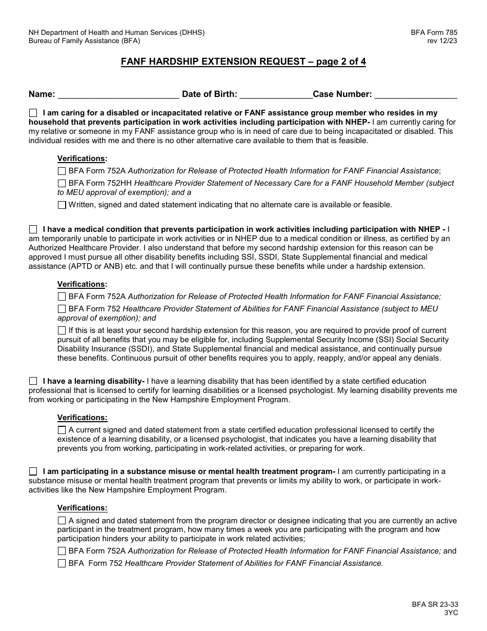 BFA Form 785 Fanf Hardship Extension Request - New Hampshire, Page 2
