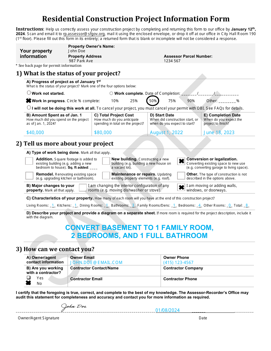 Sample Residential Construction Project Information Form - City and County of San Francisco, California, Page 1