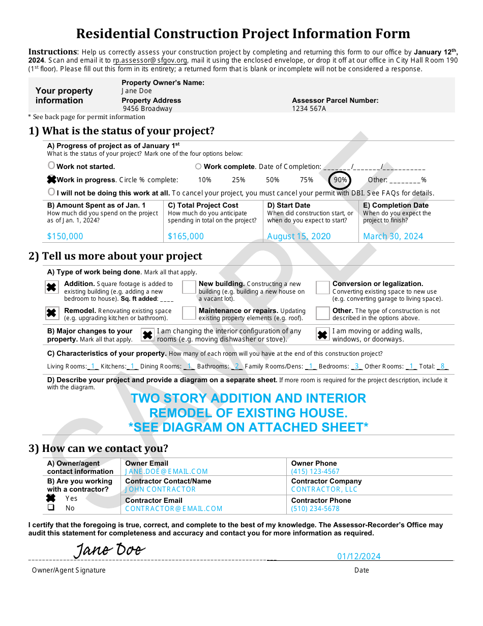 Sample Residential Construction Project Information Form - City and County of San Francisco, California, Page 3