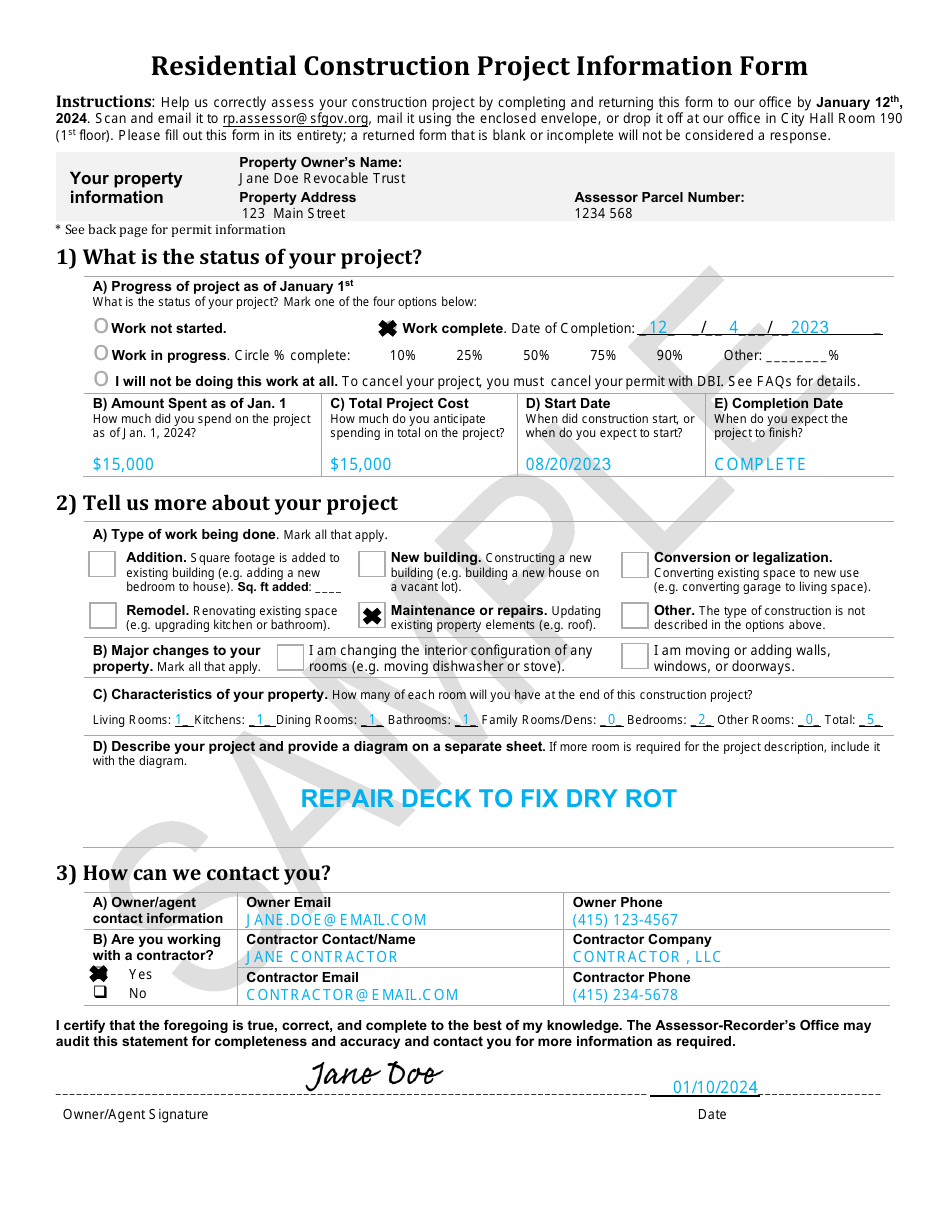Sample Residential Construction Project Information Form - City and County of San Francisco, California, Page 6
