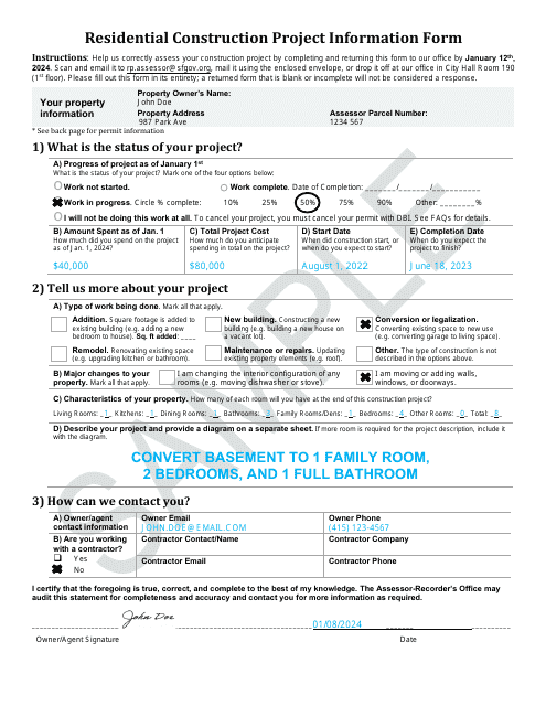 Sample Residential Construction Project Information Form - City and County of San Francisco, California, 2024
